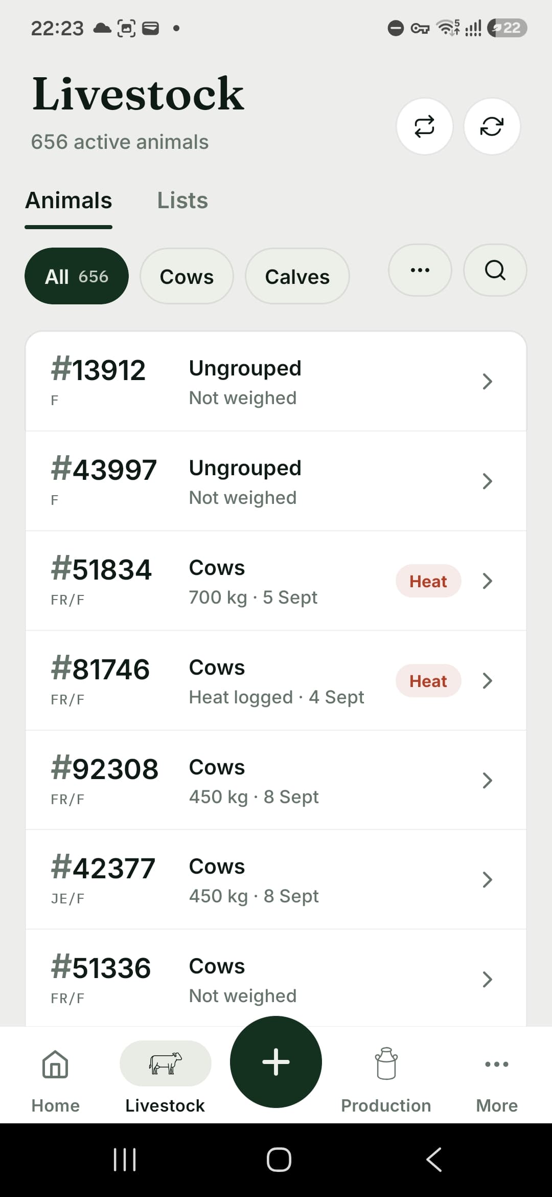AgriVale Livestock screen: 656 active animals